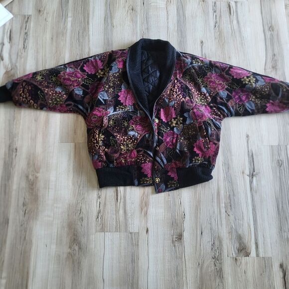VTG Velvet Velour Rayon Quilted Liner Art To Wear Leather Trim Bomber Jacket OS - Picture 2 of 11